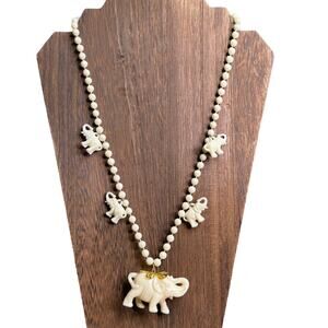 Lucky Elephants Charm Necklace, Vintage White Elephant Necklace, Beaded Plastic